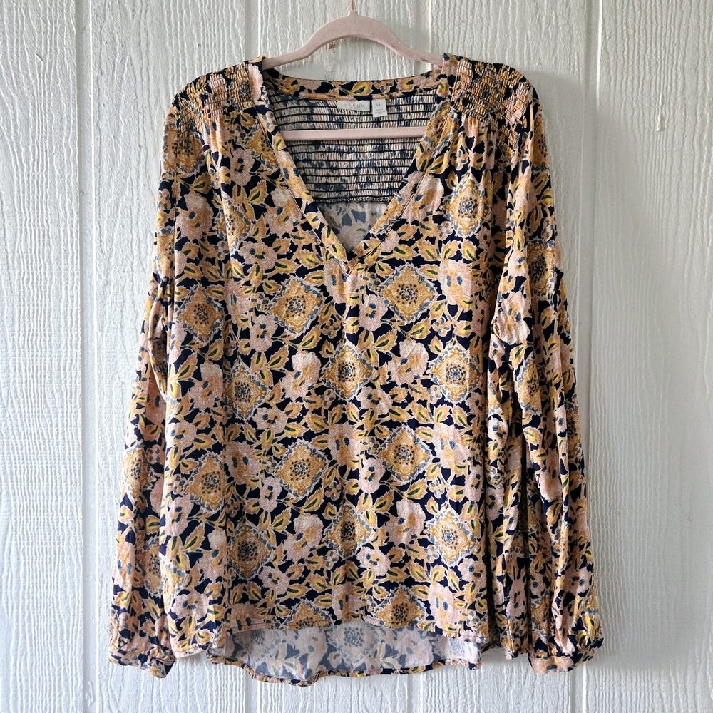 HINGE Boho Western Floral V Neck Smocked Longsleeve Tunic Yellow Black XXL